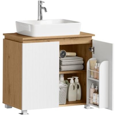 EUGAD Waschbeckenunterschrank, 2 Türen, Türfächer, 70 x 40 x 65 cm Badezimmerschrank mit verstellbarem Einlegeboden, Badezimmer Unterschrank, Weiß und braune Holzoptik EUGAD Waschbeckenunterschrank, 2 Türen, Türfächer, 70 x 40 x 65 cm Badezimmerschrank mit verstellbarem Einlegeboden, Badezimmer Unterschrank, Weiß und braune Holzoptik