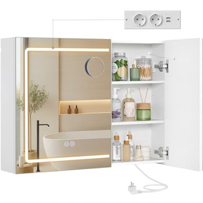 VASAGLE Spiegelschrank mit Beleuchtung, Wandschrank, 16,5 x 80 x 60 cm Badezimmerschrank modern, Steckdosenleiste, Entfogging-Funktion, 10x Vergrößerungsspiegel, weiß, KAILYN Kollektion BBK134W01 VASAGLE Spiegelschrank mit Beleuchtung, Wandschrank, 16,5 x 80 x 60 cm Badezimmerschrank modern, Steckdosenleiste, Entfogging-Funktion, 10x Vergrößerungsspiegel, weiß, KAILYN Kollektion BBK134W01