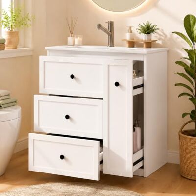 BTM Waschbecken Stehend mit Unterschrank Keramik Waschtischunterschrank mit Schubladen Weiß 76x47x82 cm BTM Waschbecken Stehend mit Unterschrank Keramik Waschtischunterschrank mit Schubladen Weiß 76x47x82 cm