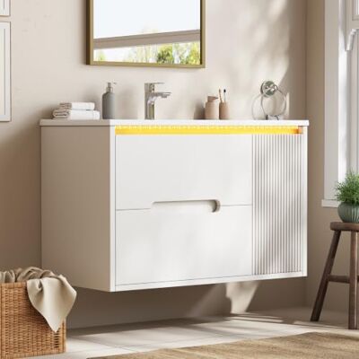 BTM Badezimmerunterschrank Hängend Waschbecken mit Schubladen & LED Weiß BTM Badezimmerunterschrank Hängend Waschbecken mit Schubladen & LED Weiß