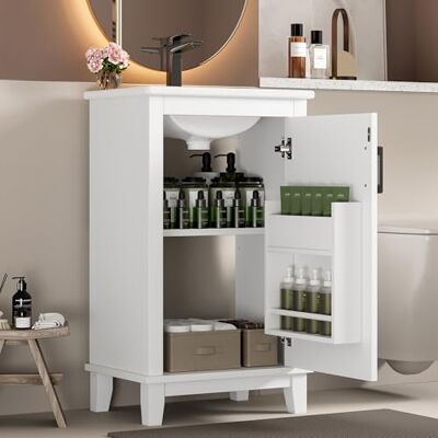 Merax Waschbeckenunterschrank mit Keramikbecken, Stehender Waschtisch und Badezimmerschrank für kleine Räume, Lackierter Badschrank mit Türregal und verstellbaren Einlegeböden, 51x34x83 cm, Weiß Merax Waschbeckenunterschrank mit Keramikbecken, Stehender Waschtisch und Badezimmerschrank für kleine Räume, Lackierter Badschrank mit Türregal und verstellbaren Einlegeböden, 51x34x83 cm, Weiß