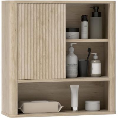 HOMCOM Wandschrank 60x20x62 cm Naturholz Hoher Badezimmerschrank, Schiebetür, offene Regalböden, verstellbare Regalböden. HOMCOM Wandschrank 60x20x62 cm Naturholz Hoher Badezimmerschrank, Schiebetür, offene Regalböden, verstellbare Regalböden.