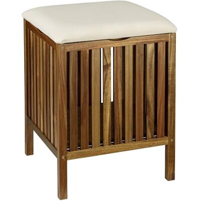WENKO Bad- & Wohnhocker Mod. Fondi aus massivem Akazienholz mit abnehmbarem Deckel und beigem Sitzpolster Maße 39 x 52 x 39 cm Farbe Braun Beige WENKO Bad- & Wohnhocker Mod. Fondi aus massivem Akazienholz mit abnehmbarem Deckel und beigem Sitzpolster Maße 39 x 52 x 39 cm Farbe Braun Beige