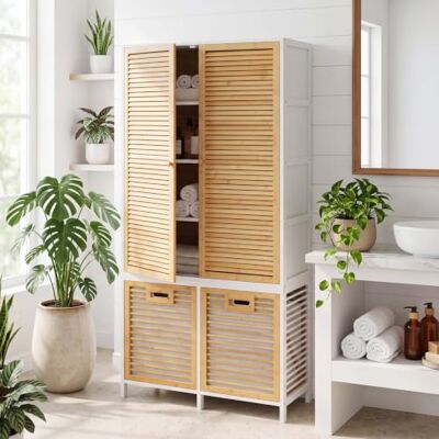 Mendler Bambus Badezimmerschrank HWC-N83 - natur-weiß, Korb natur Badregal, Schrank, 2 Wäschekörbe, 2 Türen, 68x82x34cm Mendler Bambus Badezimmerschrank HWC-N83 - natur-weiß, Korb natur Badregal, Schrank, 2 Wäschekörbe, 2 Türen, 68x82x34cm