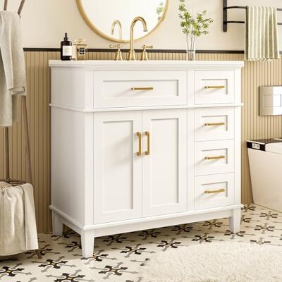 Merax Waschtisch mit Keramikbecken, Badmöbel Weiß 90 cm, Soft-Close Freistehender Waschbeckenunterschrank, MDF-Korpus, 4 Schubladen, Doppelschrank, geräuschlose Auszüge, goldene Griffe Merax Waschtisch mit Keramikbecken, Badmöbel Weiß 90 cm, Soft-Close Freistehender Waschbeckenunterschrank, MDF-Korpus, 4 Schubladen, Doppelschrank, geräuschlose Auszüge, goldene Griffe