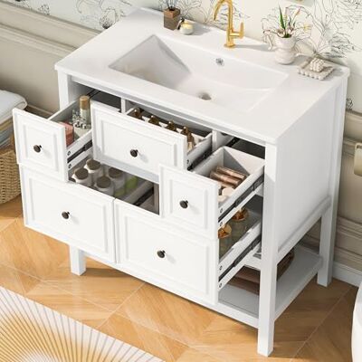 Merax Waschbeckenunterschrank mit Keramikbecken, Stehender Waschtisch und Badezimmerschrank, Volllackierter Badschrank mit 5 Schubladen und offener Ablage, 76x46,5x82 cm, Weiß Merax Waschbeckenunterschrank mit Keramikbecken, Stehender Waschtisch und Badezimmerschrank, Volllackierter Badschrank mit 5 Schubladen und offener Ablage, 76x46,5x82 cm, Weiß