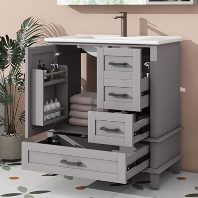 Merax Waschbeckenunterschrank mit Keramikwaschbecken, Stehender Badezimmerschrank & Waschtisch, Volllackierter Badschrank mit Türregal & geräuschlosen Schubladen, 76x46x83,5 cm, Grau Merax Waschbeckenunterschrank mit Keramikwaschbecken, Stehender Badezimmerschrank & Waschtisch, Volllackierter Badschrank mit Türregal & geräuschlosen Schubladen, 76x46x83,5 cm, Grau
