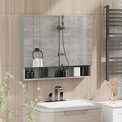 kleankin Wandschrank Badezimmer mit Spiegel, 90 x 15 x 75 cm, Badezimmermöbel, Spiegelschrank mit 3 Spiegeltüren, offenem Fach und verstellbaren Regalen, grau Badezimmerschrank, 3 Spiegeltüren, offenes Fach, verstellbare Regale kleankin Wandschrank Badezimmer mit Spiegel, 90 x 15 x 75 cm, Badezimmermöbel, Spiegelschrank mit 3 Spiegeltüren, offenem Fach und verstellbaren Regalen, grau Badezimmerschrank, 3 Spiegeltüren, offenes Fach, verstellbare Regale