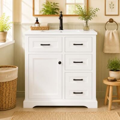 Merax Waschtischunterschrank 76 cm Bodenstehend mit Keramikwaschbecken,Weiß 4 Schubladen, Soft-Close-Türen, seitliche Auszüge, Türregale, lackiertes MDF, viel Stauraum, ohne Armatur Merax Waschtischunterschrank 76 cm Bodenstehend mit Keramikwaschbecken,Weiß 4 Schubladen, Soft-Close-Türen, seitliche Auszüge, Türregale, lackiertes MDF, viel Stauraum, ohne Armatur