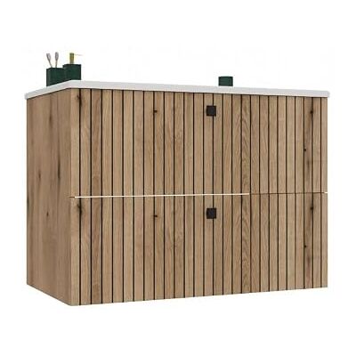 CDF Waschbeckenunterschrank mit Aufsatzwaschbecken Hängend 2X Schubladen Badezimmermöbel mit Lamellenfronten und Griffen – Stauraum für Handtücher Kosmetik Badzubehör – Tigo 802S Eiche Evoke CDF Waschbeckenunterschrank mit Aufsatzwaschbecken Hängend 2X Schubladen Badezimmermöbel mit Lamellenfronten und Griffen – Stauraum für Handtücher Kosmetik Badzubehör – Tigo 802S Eiche Evoke