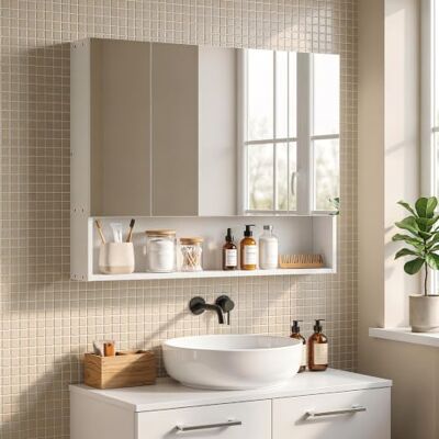 kleankin Badezimmerspiegelschrank 3-türig Medizinschrank offen Regal Weiß Verstellbare Regale, Wandmontierter Badezimmerspiegel mit Aufbewahrung, Soft-Close-Scharniere, große Kapazität kleankin Badezimmerspiegelschrank 3-türig Medizinschrank offen Regal Weiß Verstellbare Regale, Wandmontierter Badezimmerspiegel mit Aufbewahrung, Soft-Close-Scharniere, große Kapazität