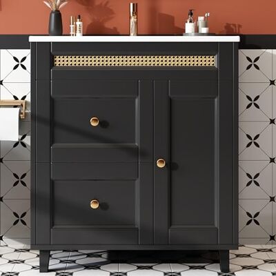 BTM Badunterschrank Waschbecken mit Schubladen, Waschtisch Stehend mit Unterschrank Waschtischunterschrank Schwarz BTM Badunterschrank Waschbecken mit Schubladen, Waschtisch Stehend mit Unterschrank Waschtischunterschrank Schwarz