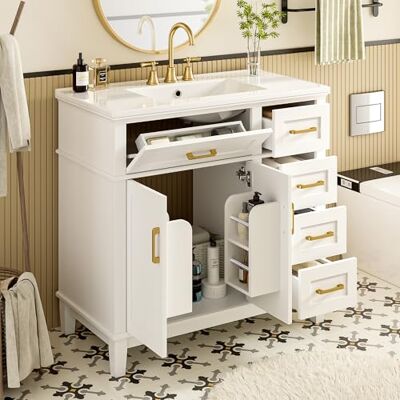 BTM Waschtisch Stehend mit Unterschrank 90cm Breiter Badezimmerschrank Keramik Waschbecken mit Schubladen Weiß BTM Waschtisch Stehend mit Unterschrank 90cm Breiter Badezimmerschrank Keramik Waschbecken mit Schubladen Weiß
