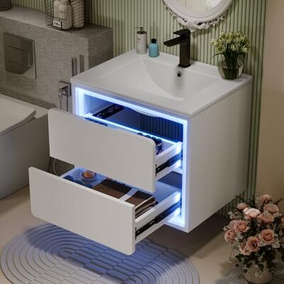 Merax Wandhängender Badezimmerschrank mit Keramikbecken, Waschbeckenunterschrank, Volllackierter Badschrank mit LED-Radarsensor-Beleuchtung und 2 Schubladen, 60x46x50 cm, Weiß Merax Wandhängender Badezimmerschrank mit Keramikbecken, Waschbeckenunterschrank, Volllackierter Badschrank mit LED-Radarsensor-Beleuchtung und 2 Schubladen, 60x46x50 cm, Weiß