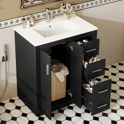 BTM Waschtisch Stehend mit Unterschrank Bad unterschrank Waschbecken mit Schubladen, Waschtischunterschrank Schwarz BTM Waschtisch Stehend mit Unterschrank Bad unterschrank Waschbecken mit Schubladen, Waschtischunterschrank Schwarz