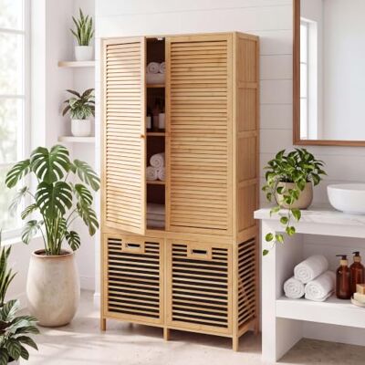 Mendler Bambus Badezimmerschrank HWC-N83 Natur, Korb anthrazit Badregal, Schrank, 2 Wäschekörbe, 2 Türen, 68x82x34cm Mendler Bambus Badezimmerschrank HWC-N83 Natur, Korb anthrazit Badregal, Schrank, 2 Wäschekörbe, 2 Türen, 68x82x34cm