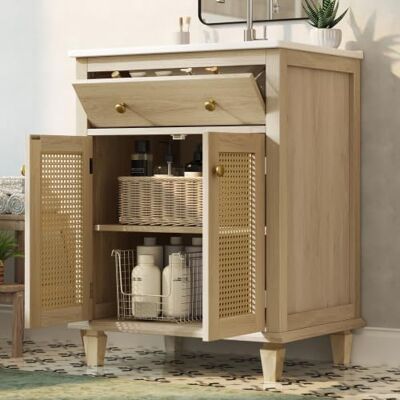 BTM Waschbecken Stehend mit Unterschrank Rattan-Türen Waschtischunterschrank mit Klappschublade, Eichenoptik BTM Waschbecken Stehend mit Unterschrank Rattan-Türen Waschtischunterschrank mit Klappschublade, Eichenoptik