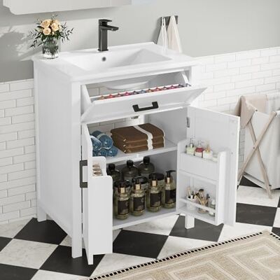 BTM Waschtisch Stehend mit Unterschrank 60cm Breiter Badezimmerschrank Waschbecken mit Schubladen Weiß BTM Waschtisch Stehend mit Unterschrank 60cm Breiter Badezimmerschrank Waschbecken mit Schubladen Weiß