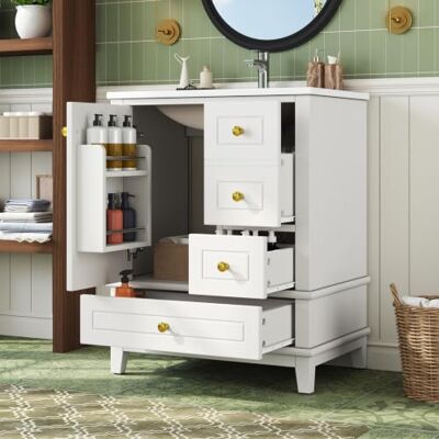 BTM 61cm Waschtisch Stehend mit Unterschrank Badezimmerschrank Integriertes Waschbecken mit 3 Schubladen Weiß BTM 61cm Waschtisch Stehend mit Unterschrank Badezimmerschrank Integriertes Waschbecken mit 3 Schubladen Weiß