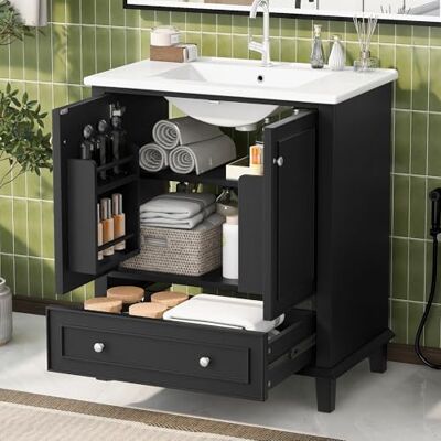 Merax Waschbeckenunterschrank mit Keramikwaschbecken, Stehender Badezimmerschrank mit Schublade und 2 Türen, Badschrank mit Türregalen, Massivholzbeinen, 76x46x87 cm, Schwarz Merax Waschbeckenunterschrank mit Keramikwaschbecken, Stehender Badezimmerschrank mit Schublade und 2 Türen, Badschrank mit Türregalen, Massivholzbeinen, 76x46x87 cm, Schwarz