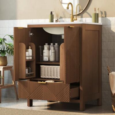 BTM 61cm Waschtisch Stehend mit Unterschrank Waschbecken Kleine Bäder Walnuss BTM 61cm Waschtisch Stehend mit Unterschrank Waschbecken Kleine Bäder Walnuss