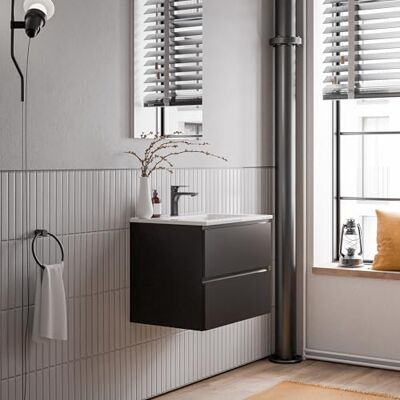 Bernstein Badmöbel-Set AVA 60cm, Waschbecken mit Unterschrank in Schwarz matt, Keramik-Waschbecken in Weiß glänzend mit einem Hahnloch, Ideal für kleine Bäder Bernstein Badmöbel-Set AVA 60cm, Waschbecken mit Unterschrank in Schwarz matt, Keramik-Waschbecken in Weiß glänzend mit einem Hahnloch, Ideal für kleine Bäder