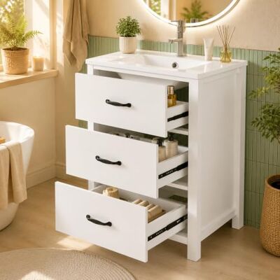 BTM Waschbecken Stehend mit Unterschrank 61cm Breiter Integriertes Waschtischunterschrank mit 3 Schubladen Weiß BTM Waschbecken Stehend mit Unterschrank 61cm Breiter Integriertes Waschtischunterschrank mit 3 Schubladen Weiß