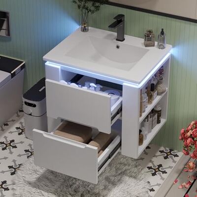 Merax Waschbecken mit Unterschrank Badmöbel-Set mit LED-Radarsensor-Beleuchtung, integriertes Keramikwaschbecken, Zwei leise Schubladen, Zwei seitliche Ablagen, 61x46x48.5 cm weiß Merax Waschbecken mit Unterschrank Badmöbel-Set mit LED-Radarsensor-Beleuchtung, integriertes Keramikwaschbecken, Zwei leise Schubladen, Zwei seitliche Ablagen, 61x46x48.5 cm weiß