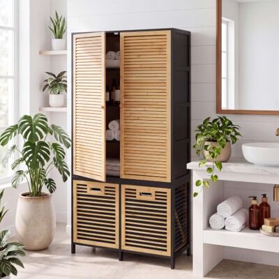 Mendler Bambus Badezimmerschrank HWC-N83 Natur-schwarz, Korb anthrazit Badregal, Schrank, 2 Wäschekörbe, 2 Türen, 68x82x34cm Mendler Bambus Badezimmerschrank HWC-N83 Natur-schwarz, Korb anthrazit Badregal, Schrank, 2 Wäschekörbe, 2 Türen, 68x82x34cm