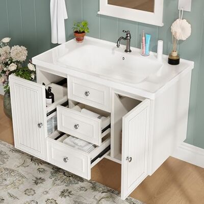 Merax Waschbeckenunterschrank, Unterschrank, Badezimmerschrank, Waschtischunterschrank mit 4 Schubladen und 1 Türen, Hängender Waschtisch, Moderner Stil Badschrank, Badmöbel Set, mit Waschbecken, Weiß Merax Waschbeckenunterschrank, Unterschrank, Badezimmerschrank, Waschtischunterschrank mit 4 Schubladen und 1 Türen, Hängender Waschtisch, Moderner Stil Badschrank, Badmöbel Set, mit Waschbecken, Weiß