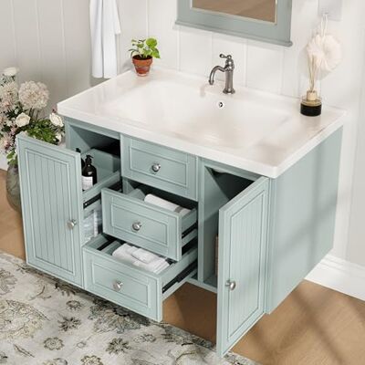 Merax Waschbeckenunterschrank, Unterschrank, Badezimmerschrank, Waschtischunterschrank mit 4 Schubladen und 1 Türen, Hängender Waschtisch, Moderner Stil Badschrank, Badmöbel Set, mit Waschbecken, Grün Merax Waschbeckenunterschrank, Unterschrank, Badezimmerschrank, Waschtischunterschrank mit 4 Schubladen und 1 Türen, Hängender Waschtisch, Moderner Stil Badschrank, Badmöbel Set, mit Waschbecken, Grün