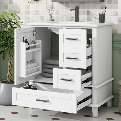 Merax Waschbeckenunterschrank mit Keramikwaschbecken, Stehender Badezimmerschrank & Waschtisch, Volllackierter Badschrank mit Türregal & geräuschlosen Schubladen, 76x46x83,5 cm, Weiß Merax Waschbeckenunterschrank mit Keramikwaschbecken, Stehender Badezimmerschrank & Waschtisch, Volllackierter Badschrank mit Türregal & geräuschlosen Schubladen, 76x46x83,5 cm, Weiß