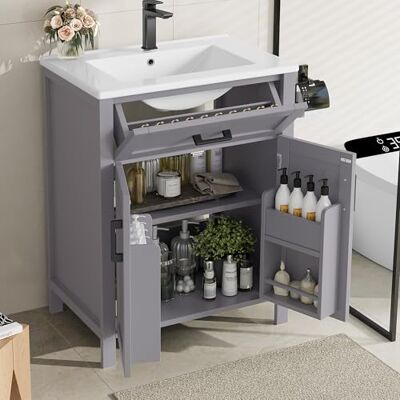 BTM Waschtisch Stehend mit Unterschrank 60cm Breiter Badezimmerschrank Waschbecken mit Schubladen Grau BTM Waschtisch Stehend mit Unterschrank 60cm Breiter Badezimmerschrank Waschbecken mit Schubladen Grau
