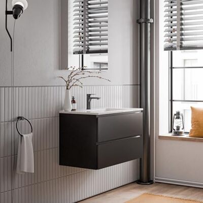 Bernstein Badmöbel-Set AVA 80cm, Waschbecken mit Unterschrank in Schwarz matt, Keramik-Waschbecken in Weiß glänzend mit einem Hahnloch, Ideal für kleine Bäder Bernstein Badmöbel-Set AVA 80cm, Waschbecken mit Unterschrank in Schwarz matt, Keramik-Waschbecken in Weiß glänzend mit einem Hahnloch, Ideal für kleine Bäder