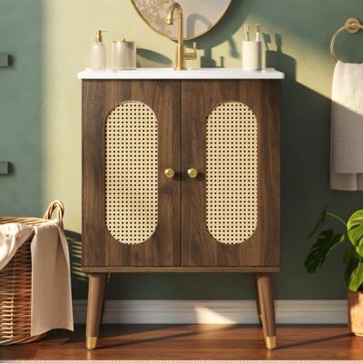 BTM Waschbecken Stehend mit Unterschrank für Kleine Bäder Waschtischunterschrank mit Rattan-Türen & Stauraum Walnuss BTM Waschbecken Stehend mit Unterschrank für Kleine Bäder Waschtischunterschrank mit Rattan-Türen & Stauraum Walnuss