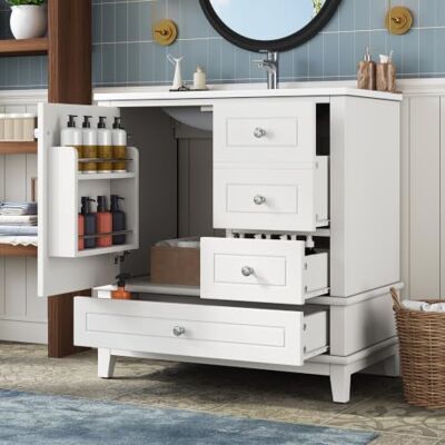 BTM 81cm Waschtisch Stehend mit Unterschrank Badezimmerschrank Integriertes Waschbecken mit 3 Schubladen Weiß BTM 81cm Waschtisch Stehend mit Unterschrank Badezimmerschrank Integriertes Waschbecken mit 3 Schubladen Weiß