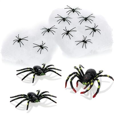 com-four ® 14-teiliges Deko-Set für Halloween, dehnbares Spinnennetz mit 12 künstliches weißes Spinnengewebe für Halloween Fasching und Mottoparty com-four ® 14-teiliges Deko-Set für Halloween, dehnbares Spinnennetz mit 12 künstliches weißes Spinnengewebe für Halloween Fasching und Mottoparty