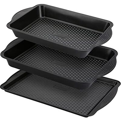 Prestige Aerolift Backbleche für Backofen, antihaftbeschichtet, 3er-Set, spülmaschinenfest, Ofenblech-Set mit extra großen Griffen, langlebige Bratformen aus Karbonstahl 5 Jahren, Schwarz, 48638 Prestige Aerolift Backbleche für Backofen, antihaftbeschichtet, 3er-Set, spülmaschinenfest, Ofenblech-Set mit extra großen Griffen, langlebige Bratformen aus Karbonstahl 5 Jahren, Schwarz, 48638