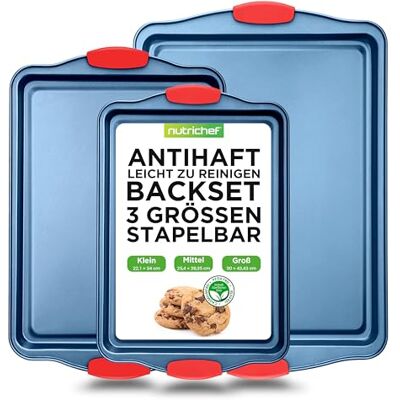 NutriChef NiutriChef Backblech, Backofenblech 3 Stück, Kuchenblech aus Karbonstahl mit Silikongriffen, Ofenbleche für Backofen Antihaft& Stappelbar, Leicht zu Reinigen, 43.4x30cm, 38.4x25.4cm & 34x22cm, Blau NutriChef NiutriChef Backblech, Backofenblech 3 Stück, Kuchenblech aus Karbonstahl mit Silikongriffen, Ofenbleche für Backofen Antihaft& Stappelbar, Leicht zu Reinigen, 43.4x30cm, 38.4x25.4cm & 34x22cm, Blau