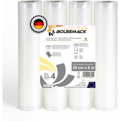 Bolsemack Folienrollen 20x600 cm 4 Rollen Vakuumierbeutel für alle Vakuumierer & Lebensmittel Vakuumiergerät Vacuum bags sehr stark & reißfest Vakuumbeutel lebensmittel BPA-frei Bolsemack Folienrollen 20x600 cm 4 Rollen Vakuumierbeutel für alle Vakuumierer & Lebensmittel Vakuumiergerät Vacuum bags sehr stark & reißfest Vakuumbeutel lebensmittel BPA-frei