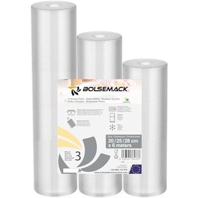 Bolsemack Geprägte Vakuumrollen, 20/25/28 cm x 6 m, 3 Stück Zuschneidbar auf die gewünschte Größe für Haushaltsverpackungsmaschinen, 90 Mikron, gefrier- und mikrowellengeeignet Bolsemack Geprägte Vakuumrollen, 20/25/28 cm x 6 m, 3 Stück Zuschneidbar auf die gewünschte Größe für Haushaltsverpackungsmaschinen, 90 Mikron, gefrier- und mikrowellengeeignet