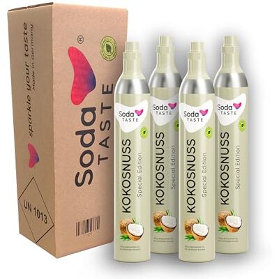 SodaTASTE CO2-Zylinder tauschen 4er-Pack (Refill) für Wassersprudler, mit natürlichem Kokos-Aroma, ohne Sirup, für bis zu 240l Sprudelwasser mit Geschmack, zuckerfrei (ACHTUNG: 4 leere Zylinder nötig) SodaTASTE CO2-Zylinder tauschen 4er-Pack (Refill) für Wassersprudler, mit natürlichem Kokos-Aroma, ohne Sirup, für bis zu 240l Sprudelwasser mit Geschmack, zuckerfrei (ACHTUNG: 4 leere Zylinder nötig)