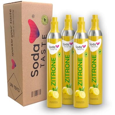 SodaTASTE CO2-Zylinder tauschen 4er-Pack (Refill) für Wassersprudler, mit natürlichem Zitronenaroma, ohne Sirup, für bis zu 240l Sprudelwasser mit Geschmack, zuckerfrei (ACHTUNG: 4 Leerzylinder nötig) SodaTASTE CO2-Zylinder tauschen 4er-Pack (Refill) für Wassersprudler, mit natürlichem Zitronenaroma, ohne Sirup, für bis zu 240l Sprudelwasser mit Geschmack, zuckerfrei (ACHTUNG: 4 Leerzylinder nötig)