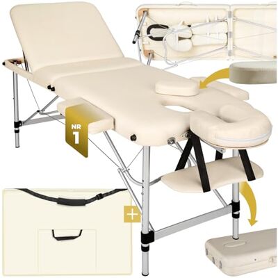 tectake Massageliege 3 Zonen, Massagetisch, Massageliege klappbar, höhenverstellbare Aluminium Massageliege, Massagebett tragbar inkl. Zubehör, Alu-Kopfstütze, Armlehne und Tragetasche beige tectake Massageliege 3 Zonen, Massagetisch, Massageliege klappbar, höhenverstellbare Aluminium Massageliege, Massagebett tragbar inkl. Zubehör, Alu-Kopfstütze, Armlehne und Tragetasche beige