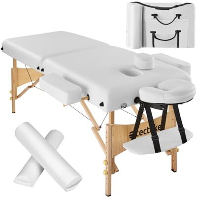 tectake ® Massageliege 2 Zonen, Massage Liege klappbar, Massagetisch mit 7,5cm Polsterung, Mobile Massageliege, Kopf- und Armstütze, Massagebank mit Holzfüßen, 2 Lagerrungsrollen, Tragetasche weiß tectake ® Massageliege 2 Zonen, Massage Liege klappbar, Massagetisch mit 7,5cm Polsterung, Mobile Massageliege, Kopf- und Armstütze, Massagebank mit Holzfüßen, 2 Lagerrungsrollen, Tragetasche weiß