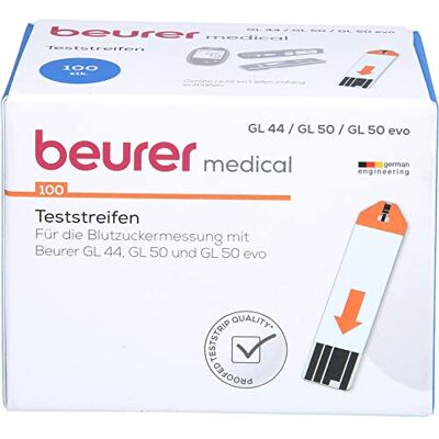 Beurer Blutzucker-Teststreifen zur Verwendung mit GL 44, GL 50 und GL 50 evo, 100 Stück (2 x 50er Dose), zur Eigenanwendung geeignet, geprüfte Teststreifen-Qualität Beurer Blutzucker-Teststreifen zur Verwendung mit GL 44, GL 50 und GL 50 evo, 100 Stück (2 x 50er Dose), zur Eigenanwendung geeignet, geprüfte Teststreifen-Qualität