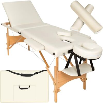 tectake ® 3 Zonen Massageliege, belastbar bis 250kg, Mobile Massagebank, Set mit Zubehör, Polsterung, Rollen, Holzgestell, Tragetasche, als Kosmetik Stuhl, Möbel für Studio, höhenverstellbar beige tectake ® 3 Zonen Massageliege, belastbar bis 250kg, Mobile Massagebank, Set mit Zubehör, Polsterung, Rollen, Holzgestell, Tragetasche, als Kosmetik Stuhl, Möbel für Studio, höhenverstellbar beige