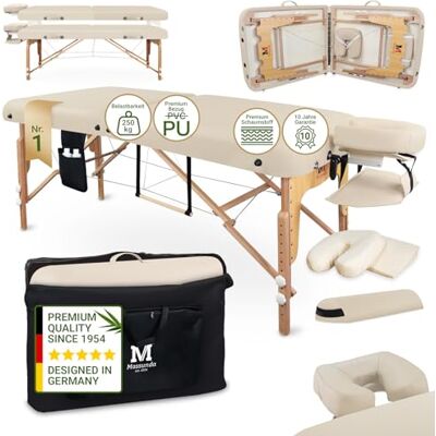 MASSUNDA – Mobile Comfort Deluxe Massageliege klappbar & höhenverstellbar – EXTRA breiter Massagetisch aus Vollholz – Massagebank mit ergonomischer Kopfstütze, Bezug, Armlehne, Kissen (Creme) MASSUNDA – Mobile Comfort Deluxe Massageliege klappbar & höhenverstellbar – EXTRA breiter Massagetisch aus Vollholz – Massagebank mit ergonomischer Kopfstütze, Bezug, Armlehne, Kissen (Creme)