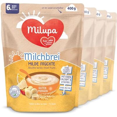 Milupa Milchbrei Milde Früchte – Babybrei ohne Palmöl – Frei von Konservierungs- und Farbstoffen – Ab dem 6. Monat – 4 x 400 g Milupa Milchbrei Milde Früchte – Babybrei ohne Palmöl – Frei von Konservierungs- und Farbstoffen – Ab dem 6. Monat – 4 x 400 g