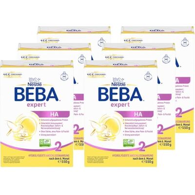 BEBA expert HA 2 Folgenahrung nach dem 6. Monat, Babynahrung (6x550g) Hydrolysierte Anschlussnahrung nach dem 6. Monat, nur Laktose, ohne Palmöl & Fischöl, Babynahrung, wissenschaftlich geprüft BEBA expert HA 2 Folgenahrung nach dem 6. Monat, Babynahrung (6x550g) Hydrolysierte Anschlussnahrung nach dem 6. Monat, nur Laktose, ohne Palmöl & Fischöl, Babynahrung, wissenschaftlich geprüft
